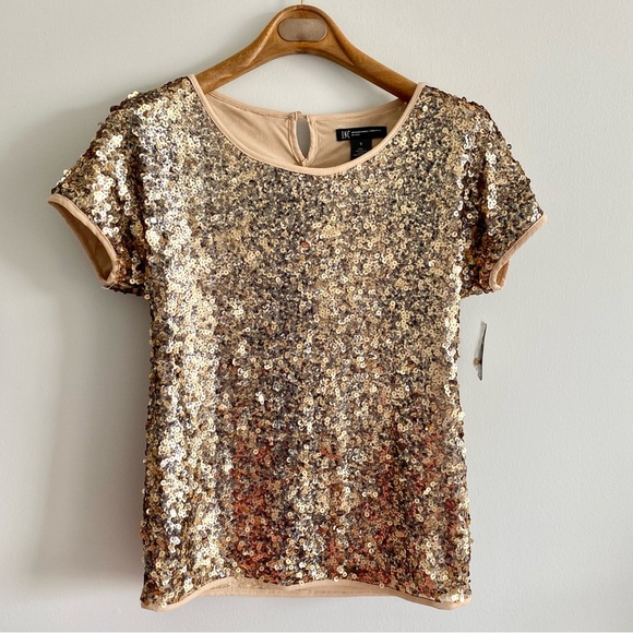 INC Champagne Gold Sequin Top NWT Size Small - Picture 1 of 7